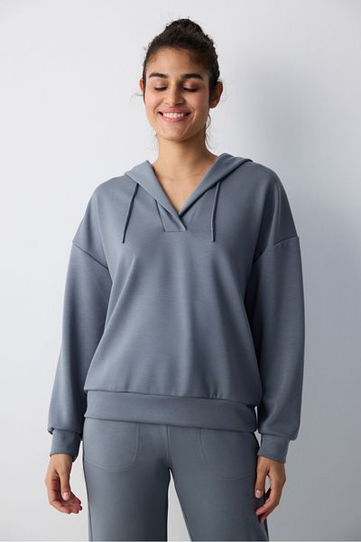 Penti Gray V-Neck Hooded Silky Touch Sweatshirt