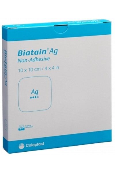 Coloplast Biatain Ag Non-Adhesive Foam Wound Cover 10cmx10cm, 4,4mm396220 (5 Pieces)