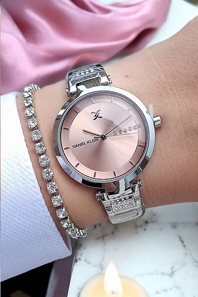Daniel Klein Zircon Stone Pink Dial Women's Wristwatch and Bracelet Set
