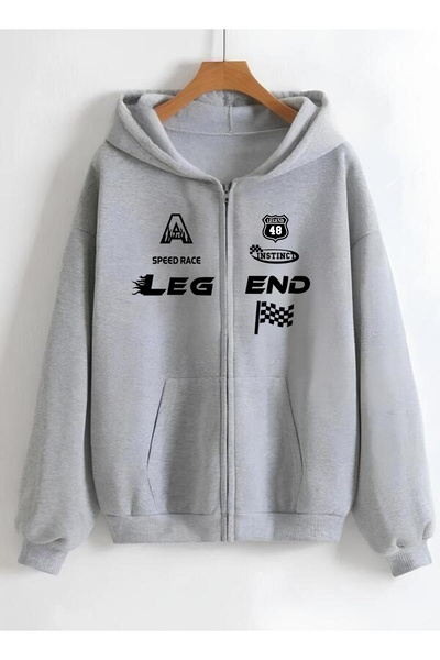 modaberry Legend Cardigan - Gray Printed Winter Oversize Hooded Zippered Pocket Detailed Cardigan