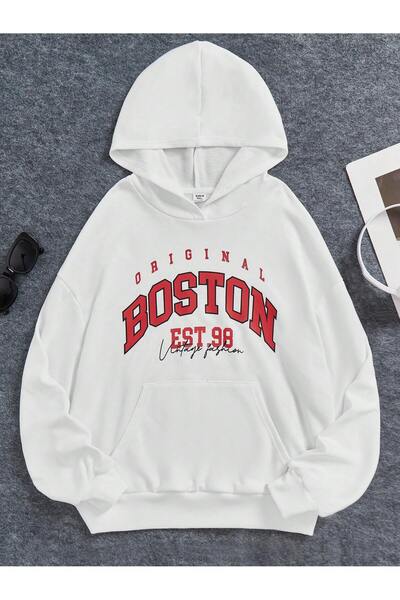 Mythologie Boston Est 98 Sweatshirt - White Printed Oversize Hoodie with Rais...