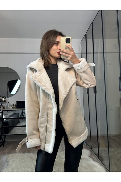 NET OF NOT Jennifer New Season Oversize Women's Belt Detailed Zr Leather Suede Ecru Coat