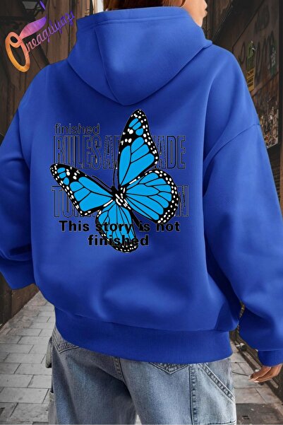 Mythologie Rules Kelebek Sweatshirt - Sax Blue Printed Oversize Hooded Sweats...