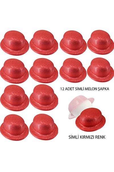 CT STONES Червена блестяща кръгла шапка за парти, 12 броя