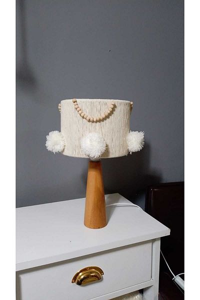 poplinhome Ecru Macrame Wooden - Children's and Baby's Room Lampshade with Bead Detail