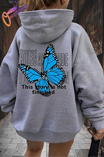 Mythologie Правила Butterfly Sweatshirt - Сива блуза с качулка с принт и шнур