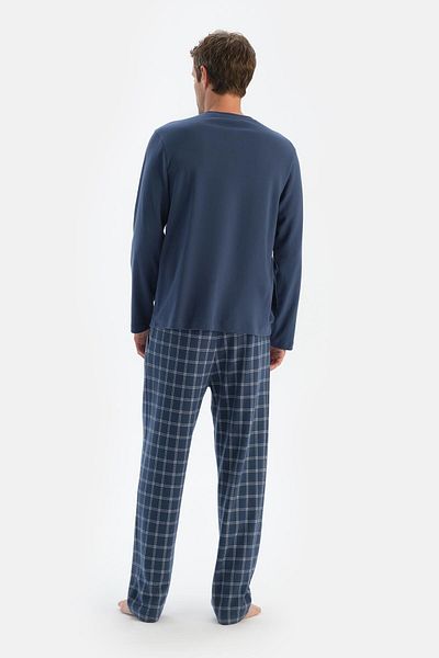 Dagi Set de pijamale cu mânecă lungă, tricou, pantaloni, cu buzunare flanel, albastru bleumarin