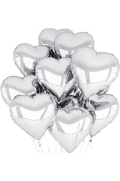 K&A Metallized Shiny Silver Heart Shaped Flying Bn Foil 18 Inch 45 cm 10 Pcs