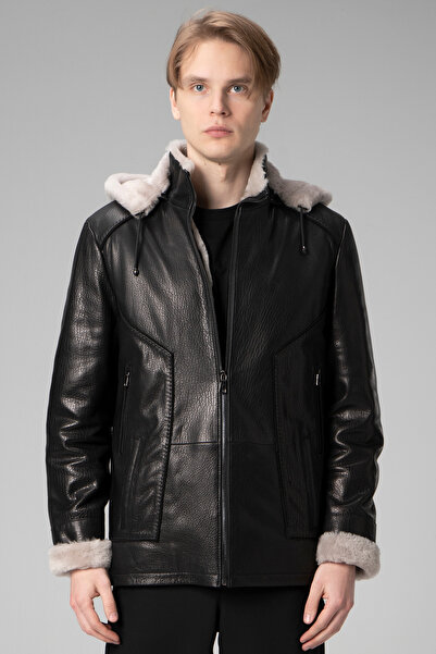 Dericlub E2218 Jumbo Içi Kürklü Kapüşonlu Gerçek Deri Erkek Kaban Siyah
