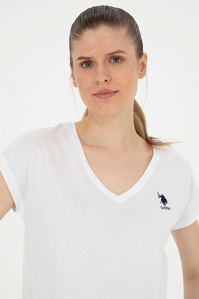 U.S. Polo Assn. Tricou de bază alb cu decolteu în V pentru femei 50285849 -VR013
