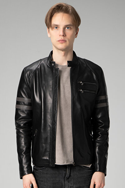 Dericlub معطف من الجلد الطبيعي ذو الياقة السوداء للرجال من Nantes