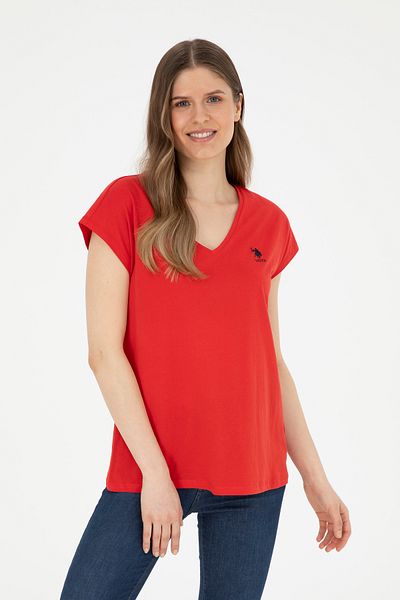 U.S. Polo Assn. Tricou roșu de damă cu decolteu în V -50285849-vr030