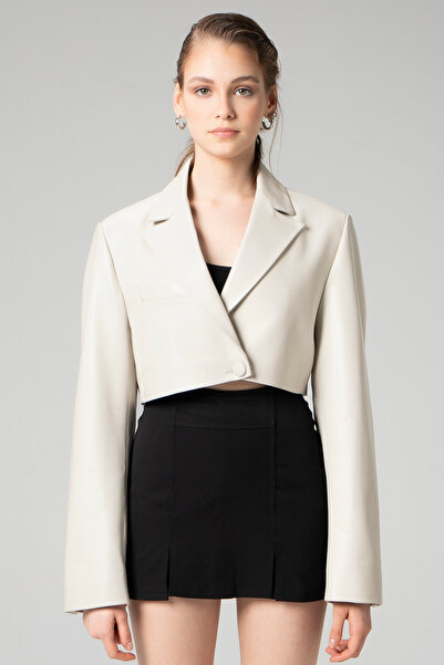 Dericlub Jasmine Kadın Crop Blazer Hakiki Deri Ceket Bej