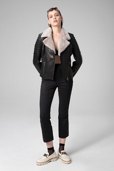 Dericlub K2370 Jumbo Real Leather Collar Furry Women's Coat Black