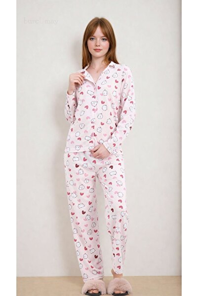 Burcumay Set de pijamale roz pentru femei, cu mâneci lungi, cu nasturi în faț...