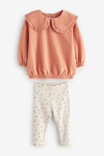 Next Baby Cotton Orange Floral Print Baby Lapel Sweatshirt Leggings Bottom Top Set