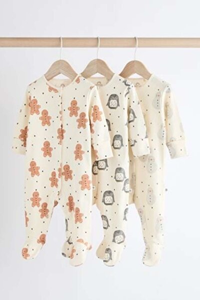 Next Baby 100% Cotton Cream Cookie Man Patterned 3-Piece Sleepsuit Set
