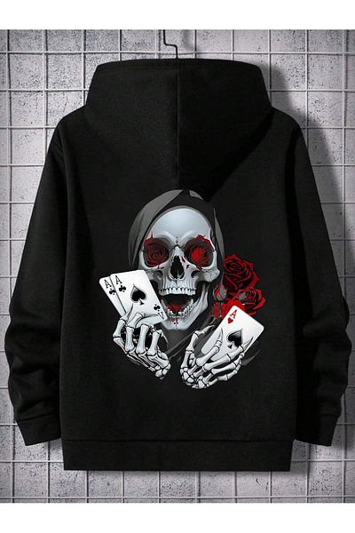 aynewmoda Скелет, държащ карти за игра, черен суитшърт с качулка, голям размер, с щампа на Хелоуин