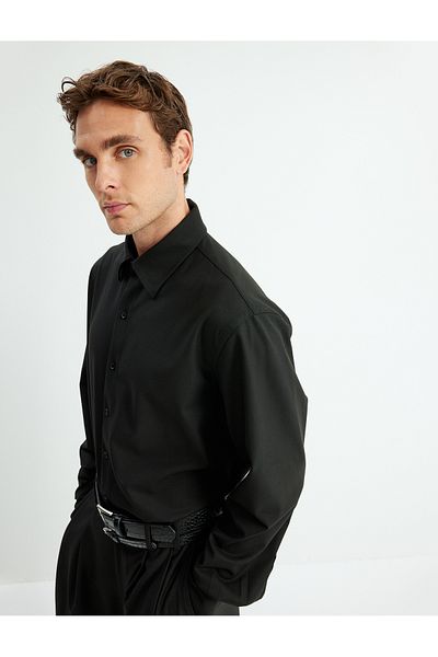 Koton Μακρυμάνικο Slim Fit Βαμβακερό πουκάμισο - Μισό Ιταλικό Γιακά