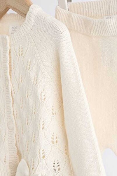 Next Baby Premium 100% Cotton Ecru Knitware - Cardigan and Tights Set