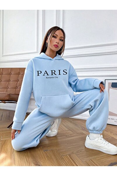 SeusCraft Paris Romantic City Sweatshirt Eşofman Altı Jogger - Bebe Mavi Baskılı Eşofman Takımı Kapüşonlu