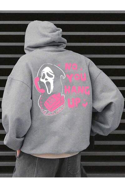 Eritqaa No You Hang up Halloween Front Back Printed Grey Oversize Hoodie Swea...