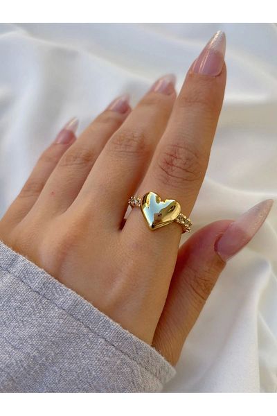 Eylülün Takısı Gold Color Stone HeartModelWomen's Ring - Adjustable