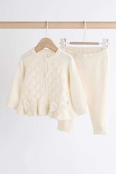 Next Baby 100% Cotton Ecru Premium Knitwear Cardigan Leggings Bottom Top Set