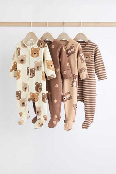 Next Baby 100% Cotton Cream Teddy Bear Patterned 4-Piece Overalls Set
