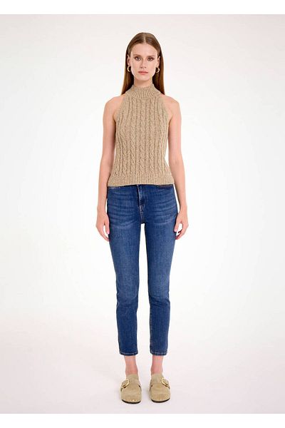 Knitss Μπεζ Sparkle Hair Knit Πλεκτό Μπλουζάκι