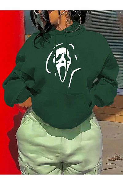 aynewmoda Χακί Oversize φούτερ με κουκούλα για το Halloween - Killer Face εμπρός με στάμπα