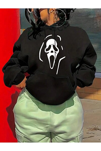 aynewmoda καταδικαστικό πρόσωπο halloween μπροστινό εμπριμέ μαύρο oversize φο...