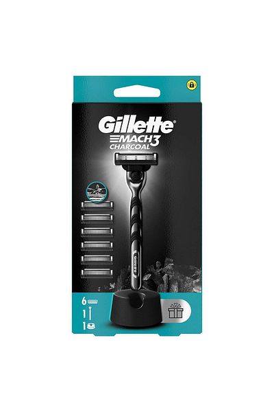 Gillette Mach3 Charcoal Shaver and Spare Blade 6 Pieces + Shaving Blade Stand
