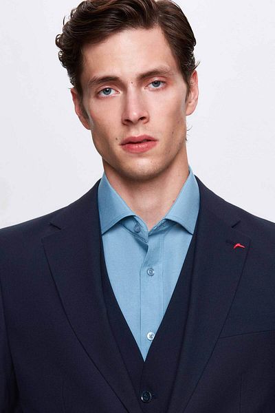 D'S Damat Sötétkék Slim Fit Mono gallérral hasított bélelt öltöny - mellényekkel