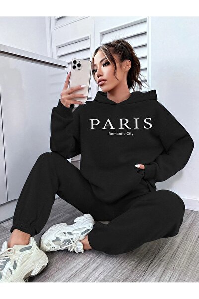 SeusCraft Παρίσι Ρομαντικό Σετ Φούτερ Φούτερ Παντελόνι Jogger - Μαύρο Σετ Φού...