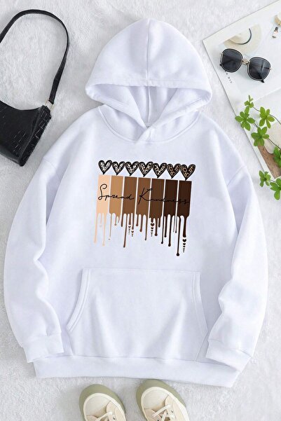 Mythologie Kindness Sweatshirt - White Printed Oversize Hooded Sweatshirt