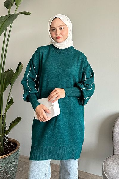 InStyle Πλεκτό πουλόβερ Pearl Emerald Green με σειρές στα μανίκια