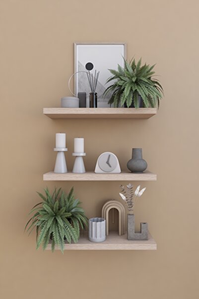 Dienni Dekoratif 3'lü Uçan Duvar Rafı, Gizli Bağlantılı Raf, Aksesuar Rafı Masif 35x12x2 Cm