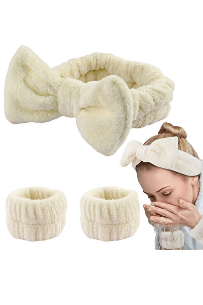 Toyaş Bandană de pluș cremă - cu fundă și mâneci, bentiță de păr Makeup Spa