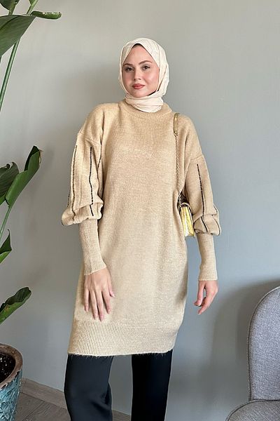 InStyle Pulover de tricotaj bej perlat cu rânduri de mâneci