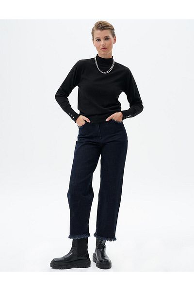 Kayra Navy Blue Denim Trousers - Tassels
