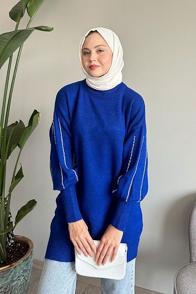 InStyle Pearl Blue Knitwear Sweater with Rows on Sleeves