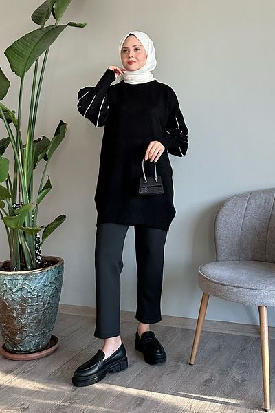 InStyle Pulover de tricotaj negru perlat cu rânduri de mâneci