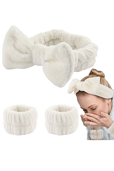 Toyaş Bandană albă de pluș - cu fundă și mâneci, bentiță de păr Makeup Spa