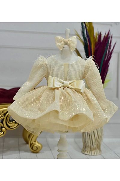 Diyefori Girl - Long Sleeve Puffy Dress with Sequins, Low Cut and Feather Detail