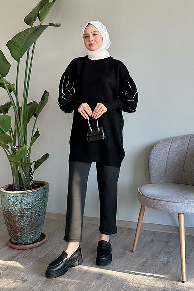 InStyle Pulover de tricotaj negru perlat cu rânduri de mâneci