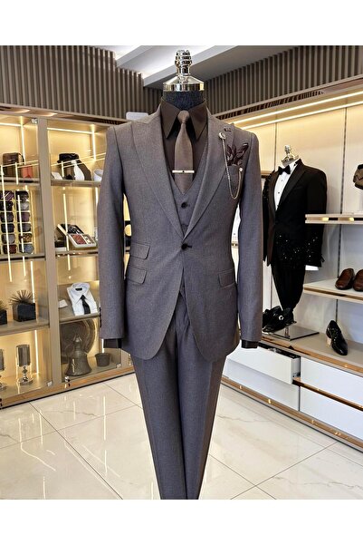 TerziAdemAltun Olasz stílusú kabát mellény nadrág férfi öltöny barna T11120