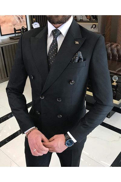 TerziAdemAltun Black Slim Fit Italian Style Double Breasted Jacket and Pants Set - T5324