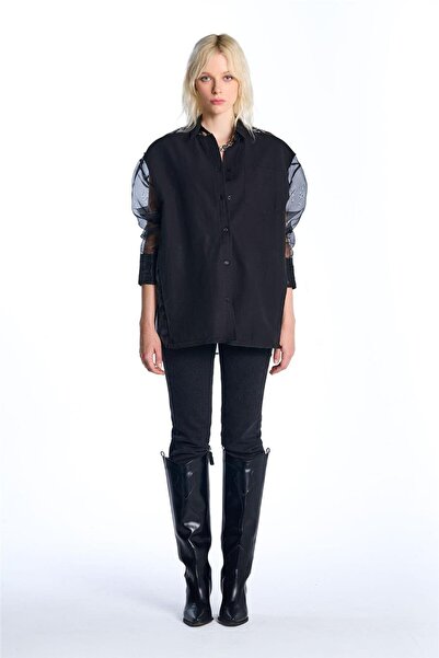 SHERIN Πουκάμισο από Ποπλίνα Μαύρη Οργάντζα