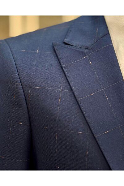 TerziAdemAltun İtalyan stil ekose ceket yelek pantolon takım elbise lacivert T10718